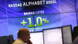 Electronic screens post the price of Alphabet stock