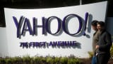 People walk on the Yahoo headquarters corporate campus in Sunnyvale, California.