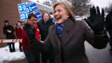 Democratic presidential candidate former Secretary of State Hillary Clinton greets voters outside of a polling station at Parker Varney School on February 9, 2016 in Manchester, New Hampshire.