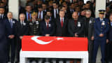 Turkey's President Recep Tayyip Erdogan and Turkish Prime Minister Ahmet Davutoglu attend a funeral ceremony held for Gendarme Sergeant Seckin Cil, 29, who was martyred after being taken to hospital in an anti-terror operation in the Sur district of Diyarbakir, at the Kocatepe Mosque in Ankara, Turkey on February 17, 2016.