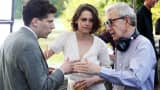 Kristen Stewart, Jessie Eisenberg and Woody Allen working on Woody Allen's newest film on October 21, 2015 in New York City.