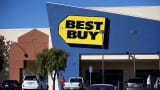 The exterior of a Best Buy store in San Bruno, California.