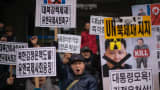Anti-North Korea activists at a protest in Seoul on February 22, 2016