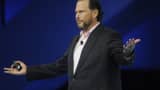 Marc Benioff speaks at the Salesforce keynote during Dreamforce 2015 at Moscone Center on September 16, 2015 in San Francisco, California.