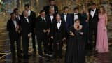 Producer Nicole Rocklin accepts the Oscar for Best Picture for the film "Spotlight" as she is accompanied by other producers and cast members at the 88th Academy Awards in Hollywood, California February 28, 2016.