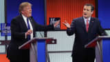 Republican presidential candidates, Donald Trump and Ted Cruz, participate in a debate sponsored by Fox News on March 3, 2016.