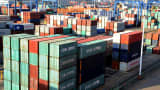 Containers stacked at a port in Lianyungang in the northeastern Jiangsu province of China.