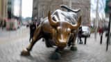 The famous bull sculpture stands near Wall Street in New York.