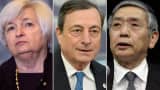 U.S. Federal Reserve Chair, Janet Yellen (l), ECB President, Mario Draghi (c) and Bank of Japan Governor Haruhiko Kuroda (r).