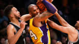 Kobe Bryant of the Los Angeles Lakers battles for a loose ball in a game last February.