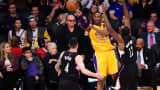 ctor Jack Nicholson watches from his courtside seat as Kobe Bryant of the Los Angeles Lakers shoots under pressure from Luc Richard Mbah a Moute of the Los Angeles Clippers during their NBA game on April 6, 2016 at Staples Center in Los Angeles, California.