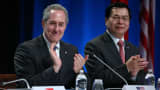 U.S. representative Michael Froman and Vietnam Minister Vu Huy Hoang celebrates the after the signing of the Trans Pacific Partnership at Sky City on February 4, 2016 in Auckland, New Zealand. Countries are now in the process of ratifying the agreement.