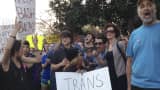 People protest outside the North Carolina Executive Mansion in Raleigh on March 24, 2016, against a South Carolina proposal to forbid transgender people from using restrooms that correspond to their gender identity.