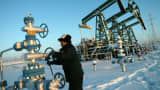 Oil pumping gear at the Mamontovskoye oil field in the Khanty-Mansi region of Russia.