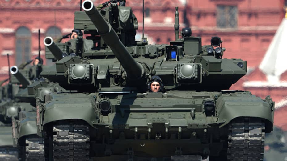 Previous years' Victory Day parades have seen Russia display long lines of tanks. Here, Russian T-90A tanks roll through Red Square on Victory Day in 2016.