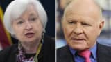 Janet Yellen chair of the U.S. Federal Reserve and Marc Faber, investment analyst