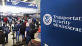 Passengers at O'Hare International Airport wait in line to be screened at a Transportation Security Administration (TSA) checkpoint in Chicago.