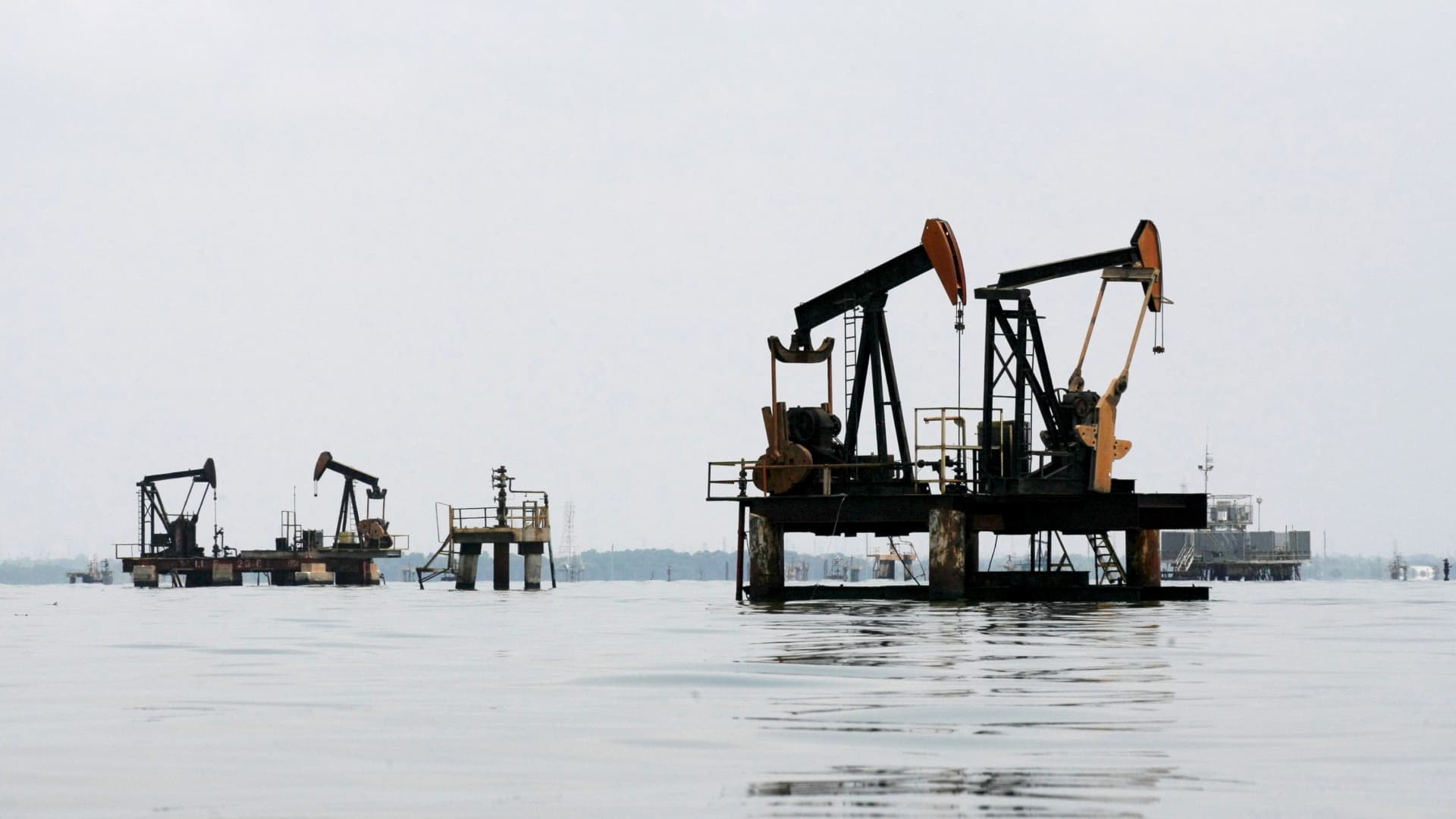 Oil pumps are seen in Lake Maracaibo, in Lagunillas, Ciudad Ojeda, in the state of Zulia, Venezuela.