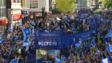 Leicester City, winners of the 2016 Premier League title, take part in an open-top bus parade through Leicester to celebrate  on May 16, 2016.