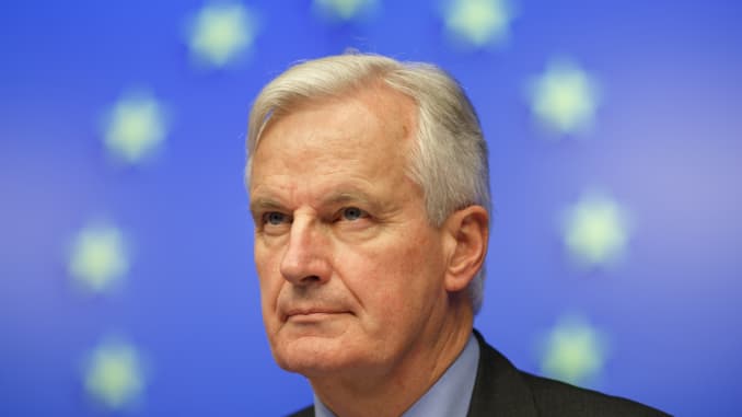 Michel Barnier during a news conference after a meeting of EU finance ministers at the European Council headquarters in Brussels, Belgium.