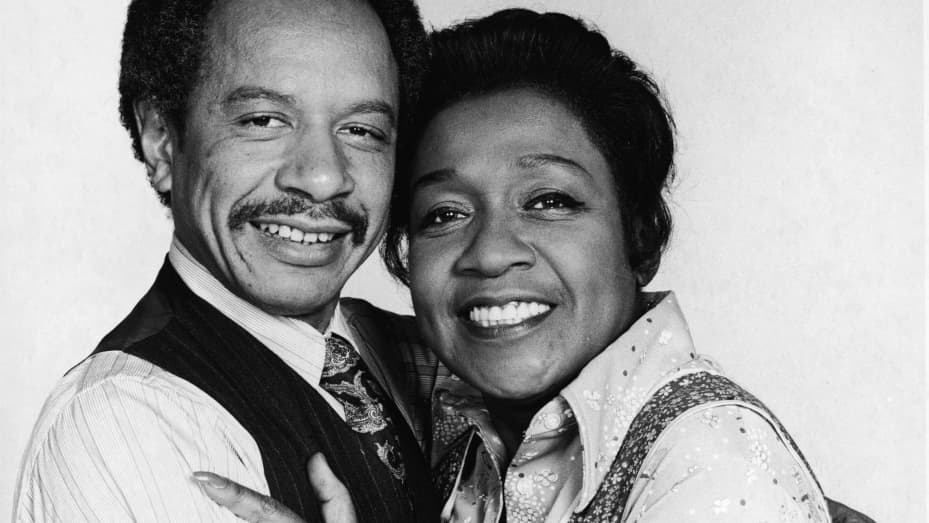 Sherman Hemsley and Isabel Sanford embracing, for the television series, 'The Jeffersons,' 1974.