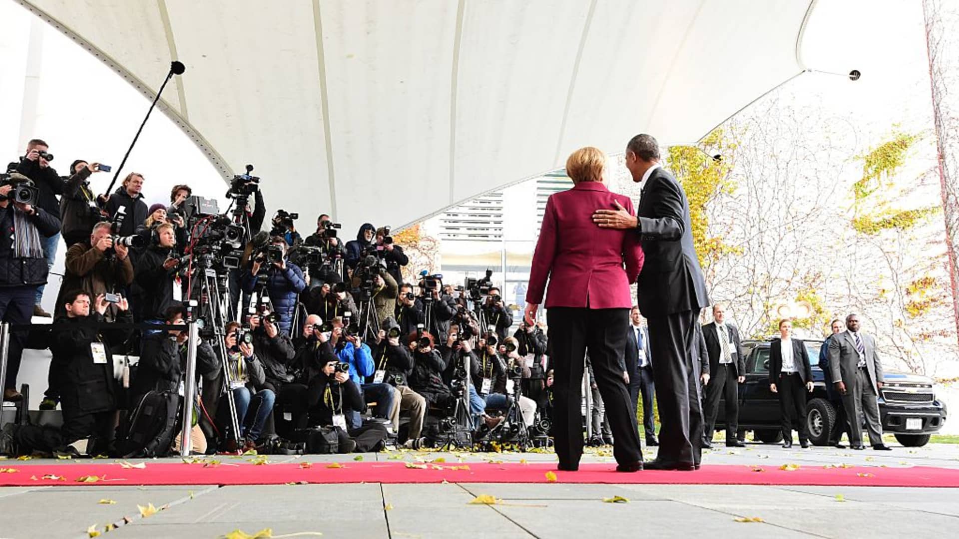 Outgoing German Chancellor Angela Merkel with the then-US President Barack Obama on November 18, 2016 in Berlin.
