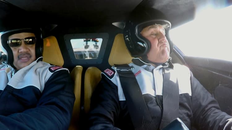 Jay Leno and Neil deGrasse Tyson blow out a window driving at 130mph