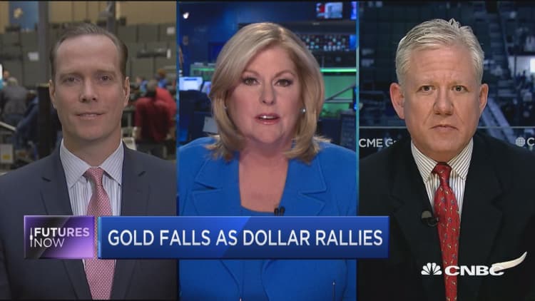 Futures Now: Gold falls as dollar rallies