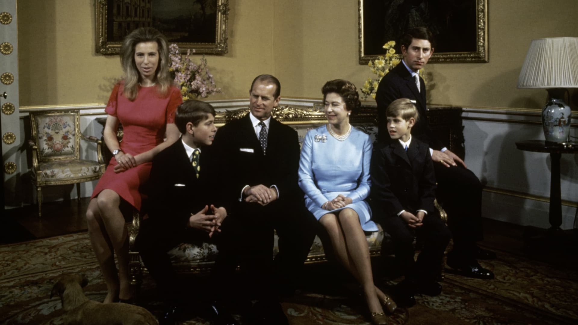 The royal family at Buckingham Palace, London, 1972. Left to right: Princess Anne, Prince Andrew, Prince Philip, Queen Elizabeth, Prince Edward and Prince Charles.