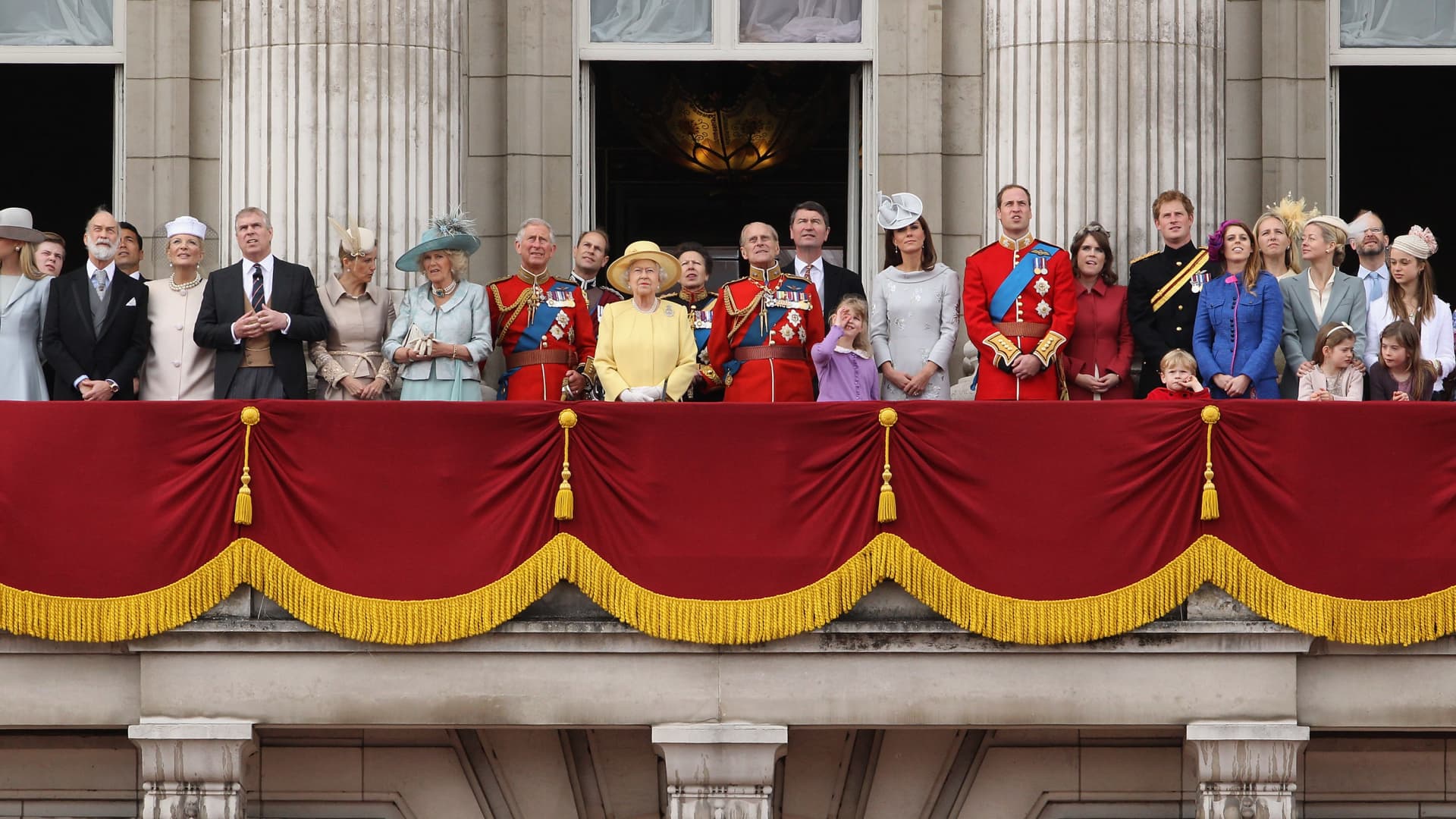 Queen Elizabeth II and Prince Philip are joined by members of the royal family on the balcony of Buckingham Palace after the Trooping the Colour ceremony.