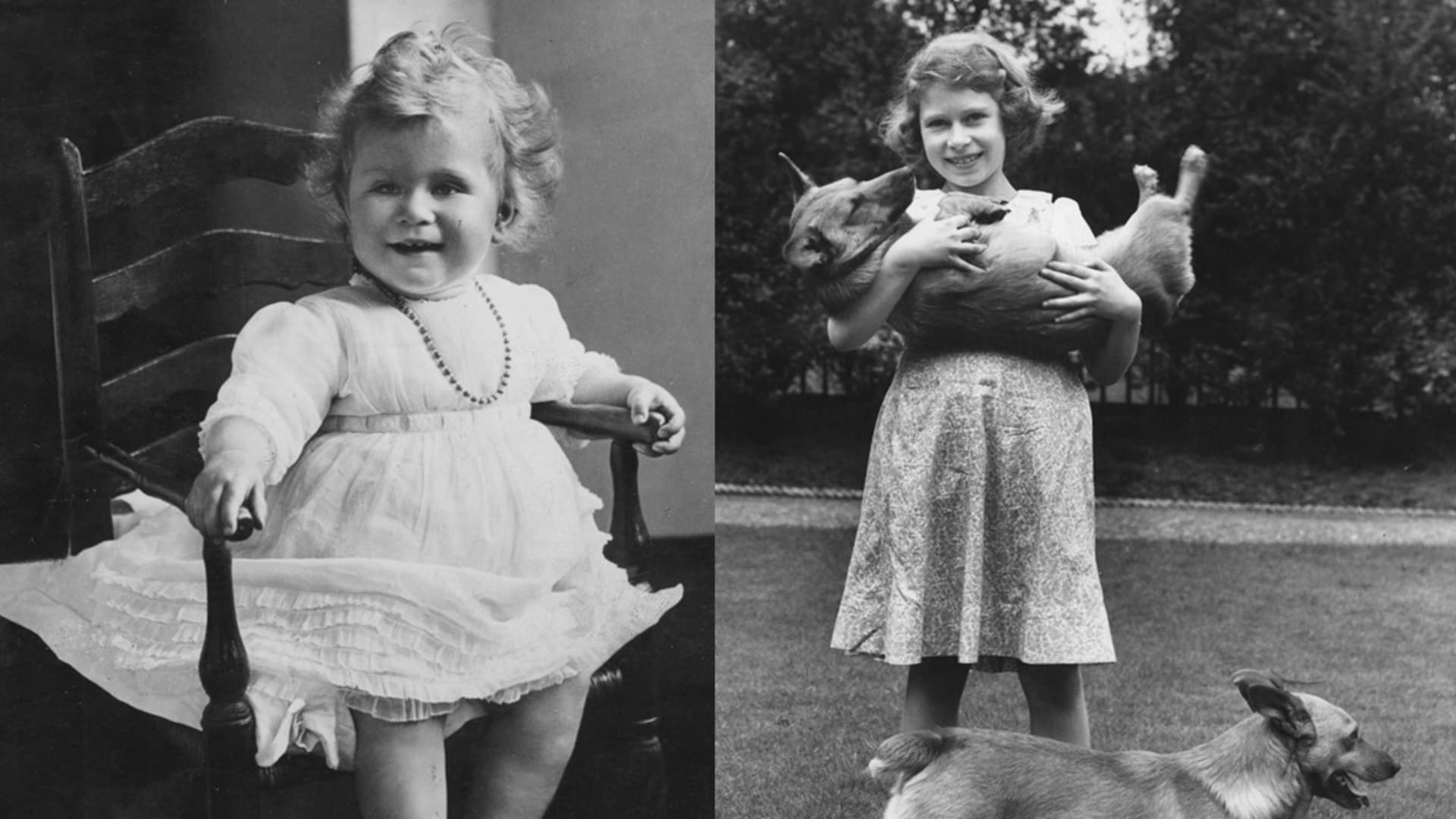 A portrait of Princess Elizabeth (L) | Princess Elizabeth with two corgi dogs at her home (R)