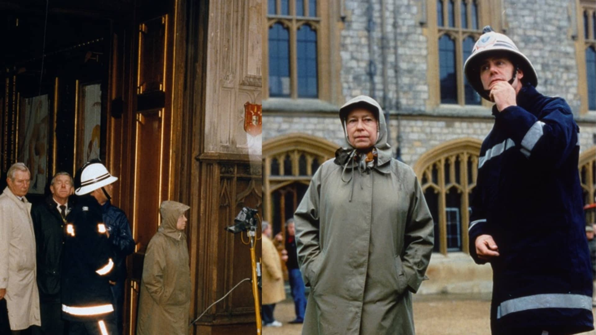 The queen with a firefighter inspecting damage at Windsor Castle.