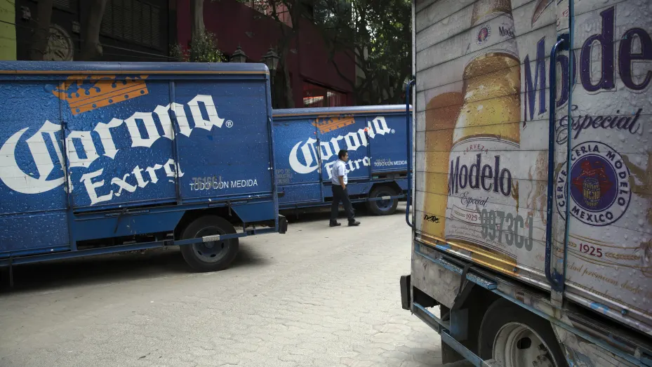 Trucks with Constellation Brands Inc. Corona and Modelo beer sit during a delivery in the Zona Rosa neighborhood in Mexico City, Mexico.