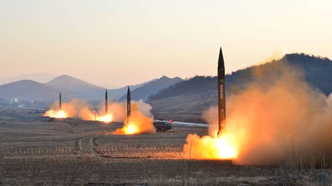 A ballistic rocket launching drill of Hwasong artillery units of the Strategic Force of the KPA in this undated photo released by North Korea's Korean Central News Agency (KCNA) in Pyongyang March 7, 2017.