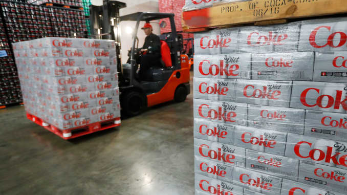 A forklift moves pallets of Diet Coke to be shipped out at a Coco-Cola bottling plant in Salt Lake City, Utah.