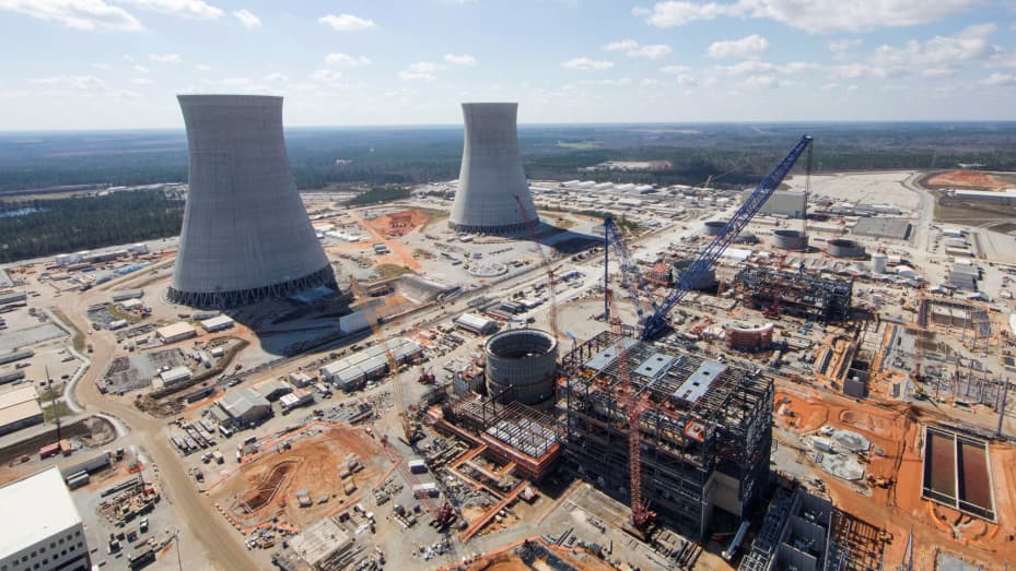 The Vogtle Unit 3 and 4 site, being constructed by primary contractor Westinghouse, a business unit of Toshiba, near Waynesboro, Georgia, is seen in an aerial photo taken February 2017.