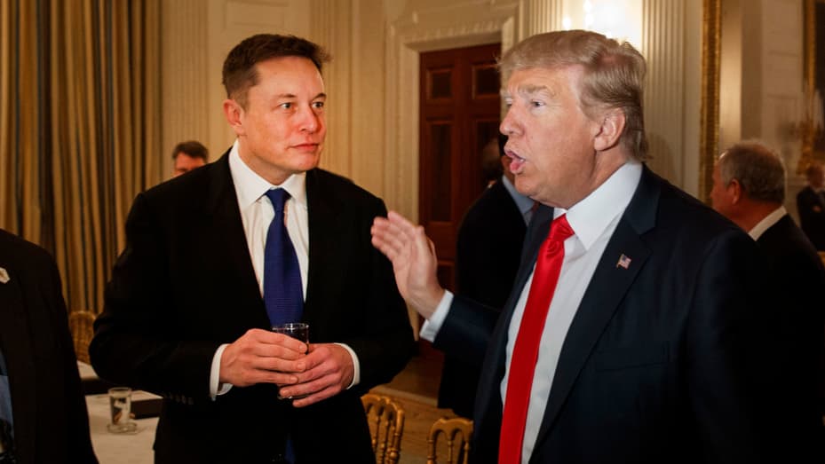 President Donald Trump talks with Tesla and SpaceX CEO Elon Musk at Trump Tower last February.
