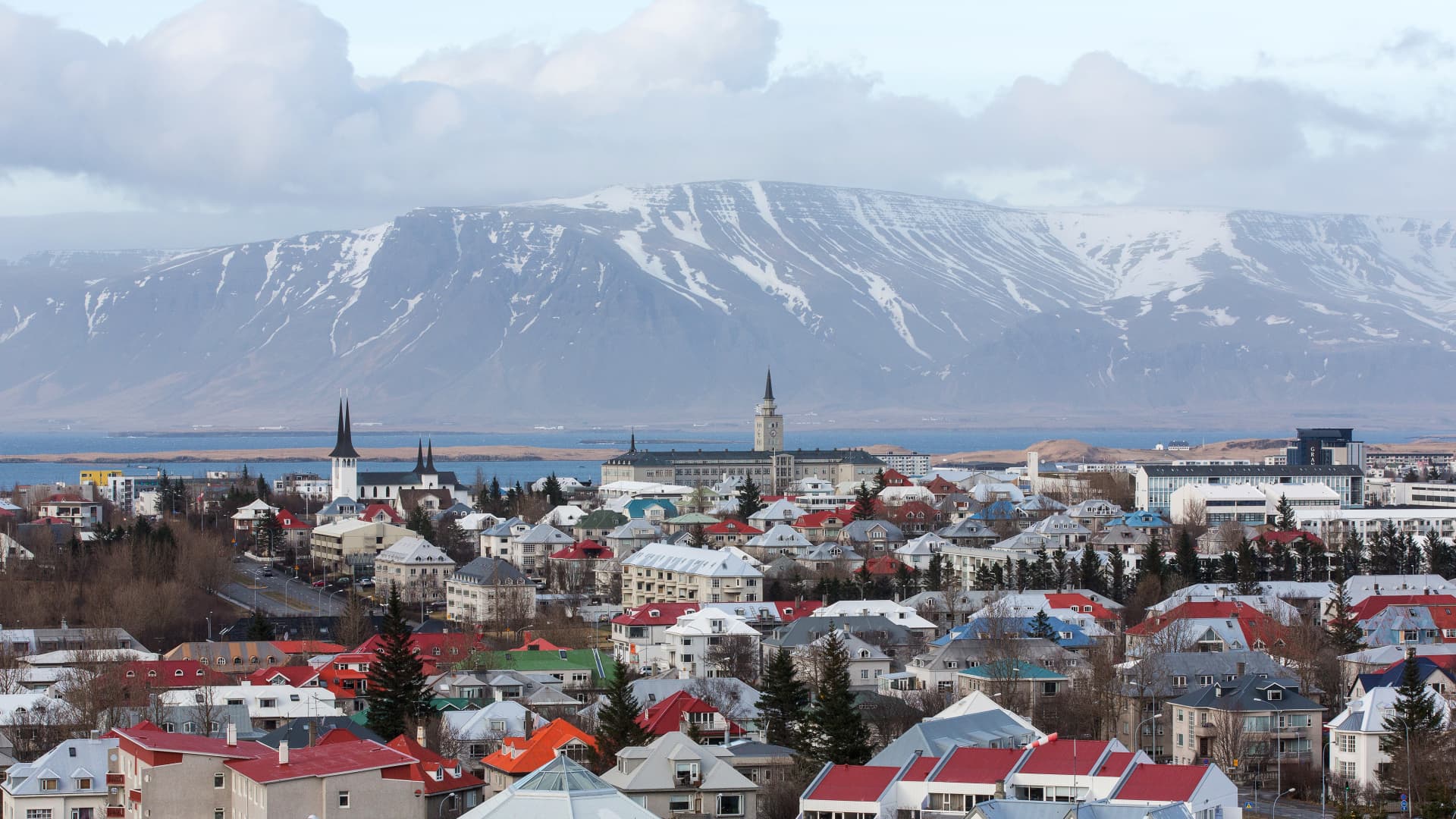 Residential properties stand on the city skyline in Reykjavik, Iceland.