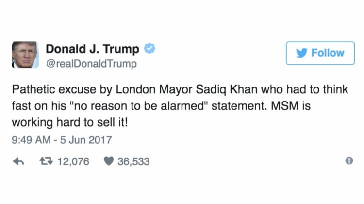 Trump lashes out again at London's mayor after city is struck by terrorists