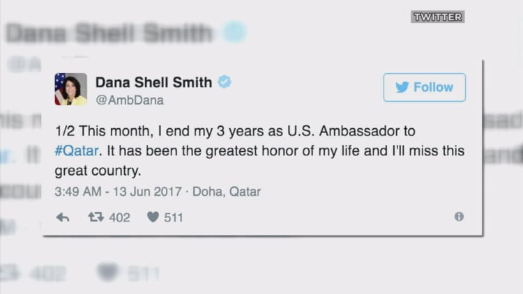 The US ambassador to Qatar is leaving her post in the middle of a Persian Gulf crisis