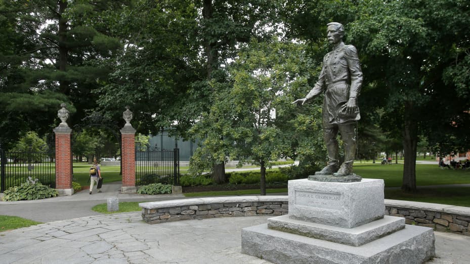 Joshua Chamberlain statue at the entrance to the Bowdoin campus in Brunswick, Maine.
