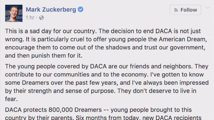 Zuckerberg says it's a 'sad day' as tech execs slam Trump for ending DACA
