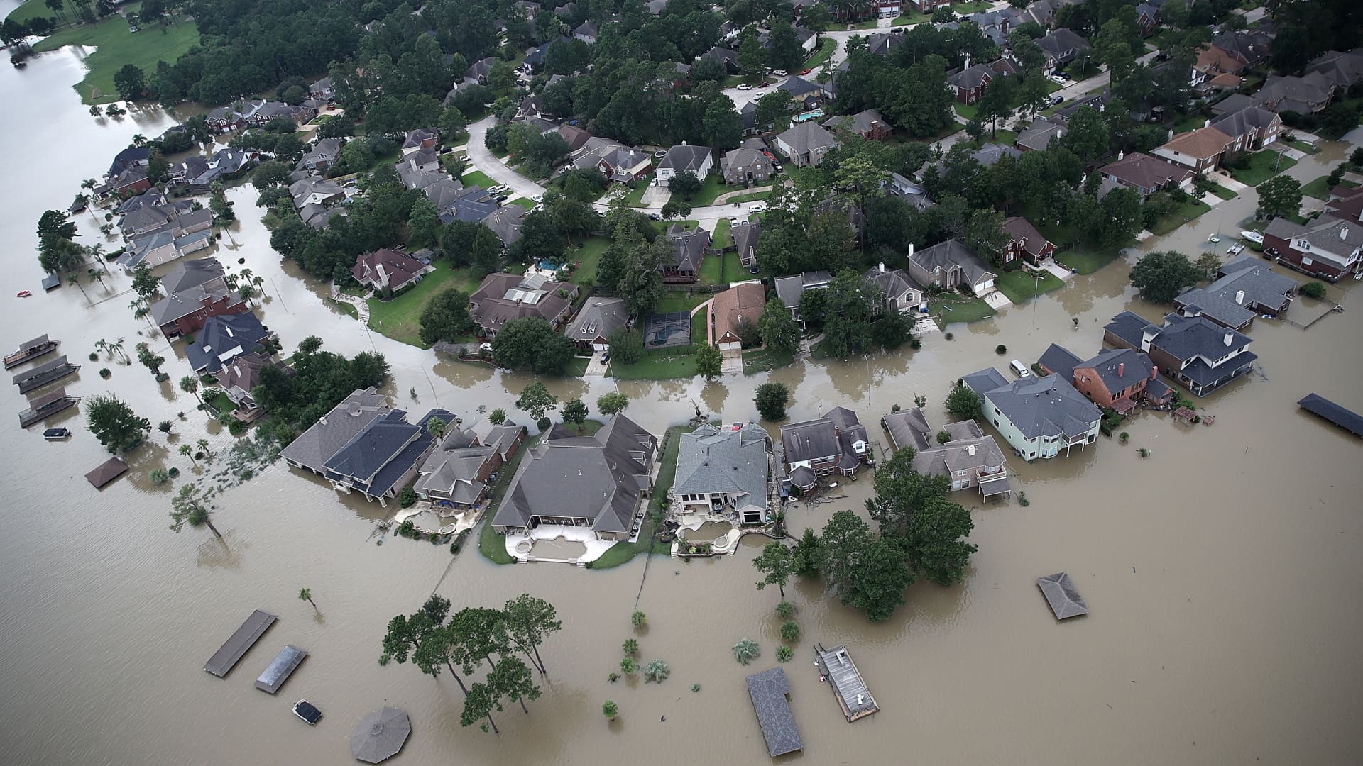 Flooded homes are shown near Lake Houston following Hurricane Harvey August 30, 2017 in Houston, Texas.