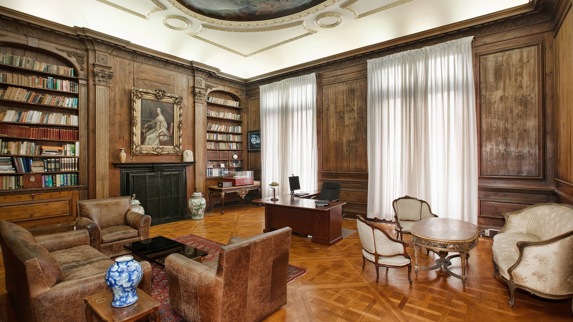 This grand salon now serves as an ambassador’s office with bulletproof windows.