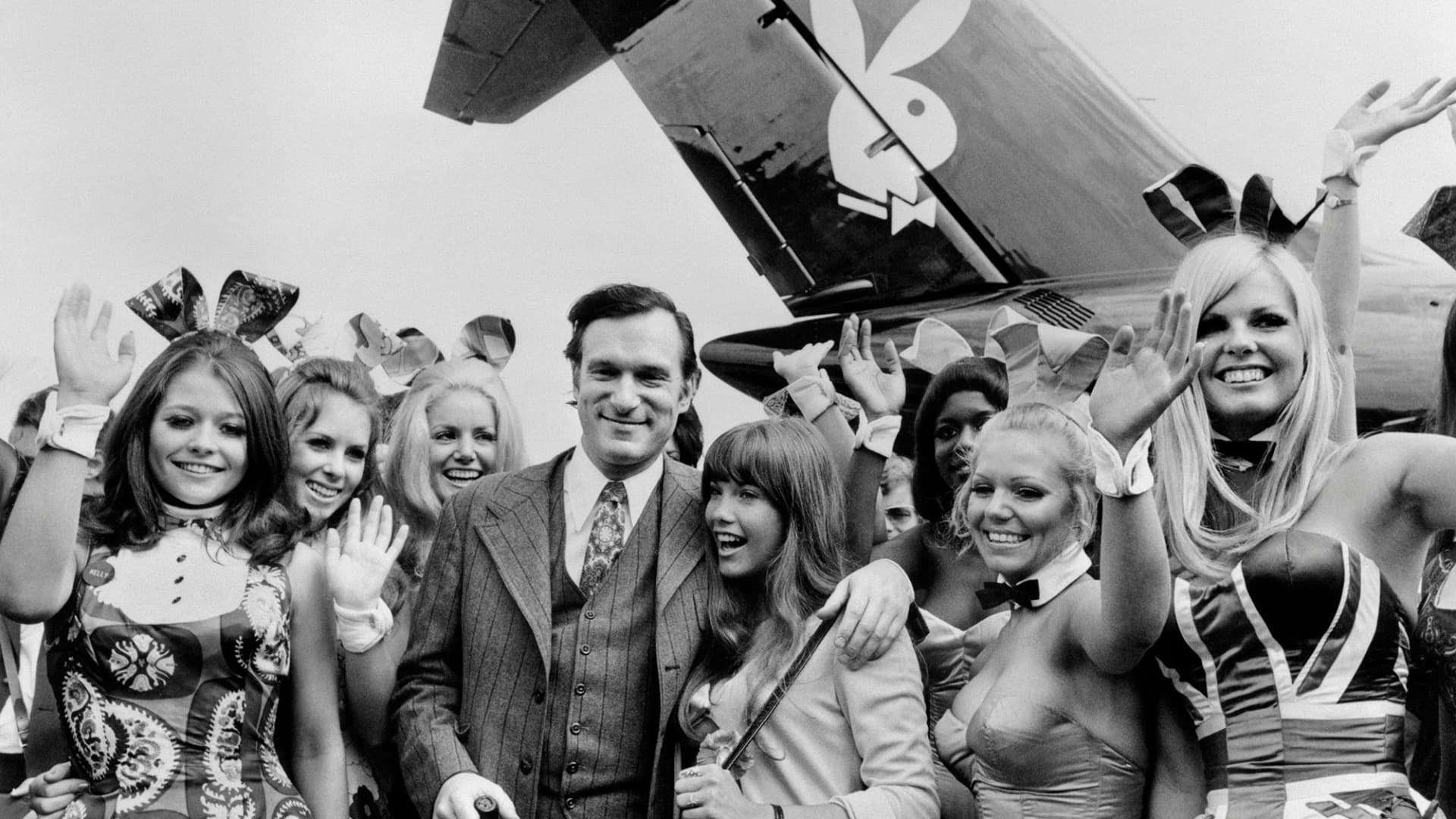 Photo taken on August 30, 1970 shows US Playboy Magazine publisher Hugh Hefner (top), his girlfriend actress Barbara Benton and other playmates arriving at Le Bourget airport with the Playboy jet 'Big Bunny'.