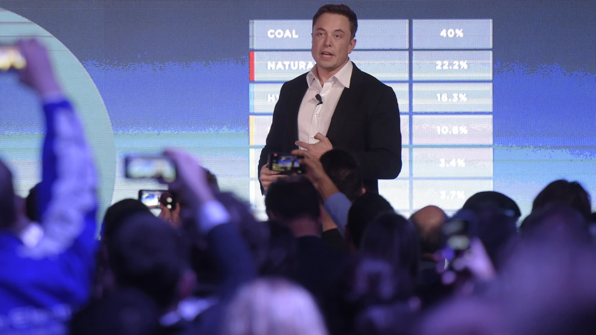 Elon Musk speaks at Hornsdale wind farms in Australia for an event for Tesla