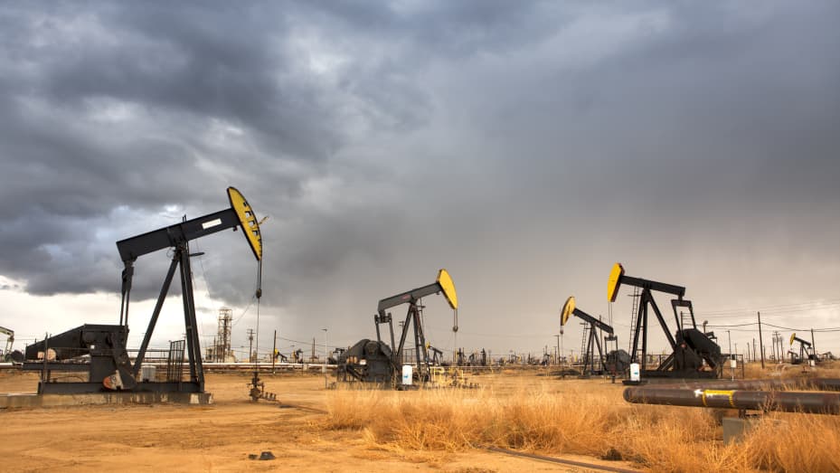 Pumpjacks in an oil field.