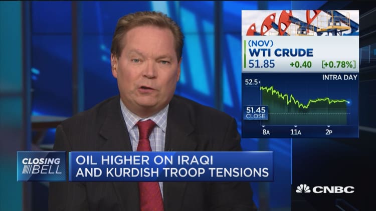 Oil higher on Iraqi and Kurdish troop tensions