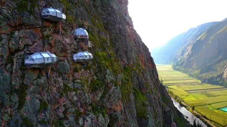 Sleep in glass pods suspended 1,200 ft. up the side of mountain in Peru's Sacred Valley