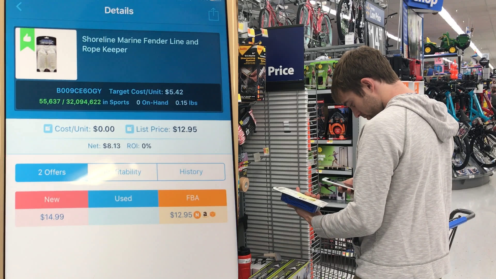 Grant scans items using InventoryLab's Scoutify 2 app (left) which reveals detailed sales data for a given product on Amazon.